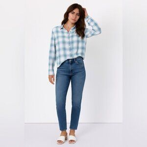 NWT Lulus Women's MEDIUM Naturally Cute Light Blue Plaid Button-Up Top Viscose B